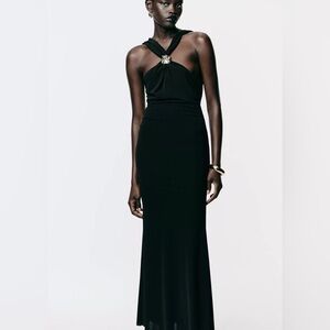 Zara Black Fitted Wrap Midi Dress Gold Neck Detail Criss-cross Back Slit NWT S